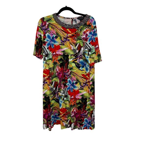 NWT Investments Petite Colorful Tropical Floral Print Beaded Dress Petite Large - Picture 1 of 3
